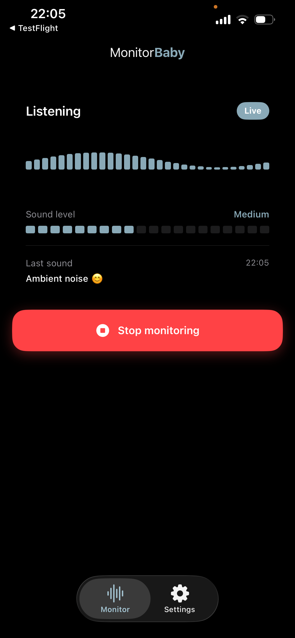 MonitorBaby iPhone app showing a live listening session
