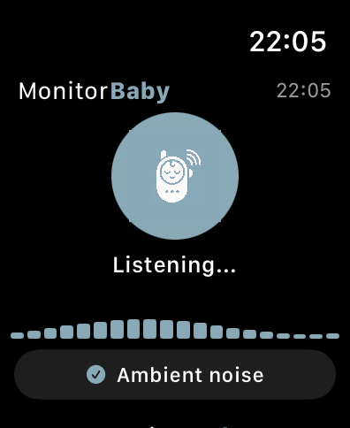 MonitorBaby Apple Watch app showing listening status and ambient noise